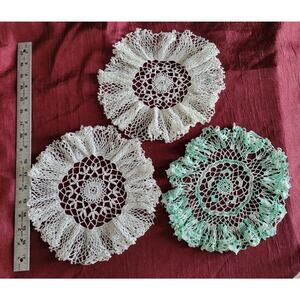 LOT OF 3 - 10 IN HANDMADE, ROUND RUFFLED DOILIES